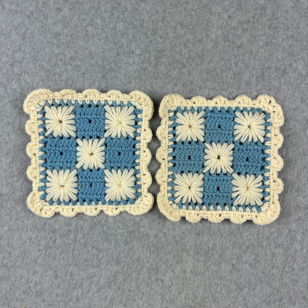Vtg Handmade Crochet Coasters Set of 2 Blue Cream Floral Square Scalloped Boho